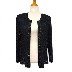 Laurence Kazar 100% Silk Jacket Vintage Black Beaded Embellished size XL